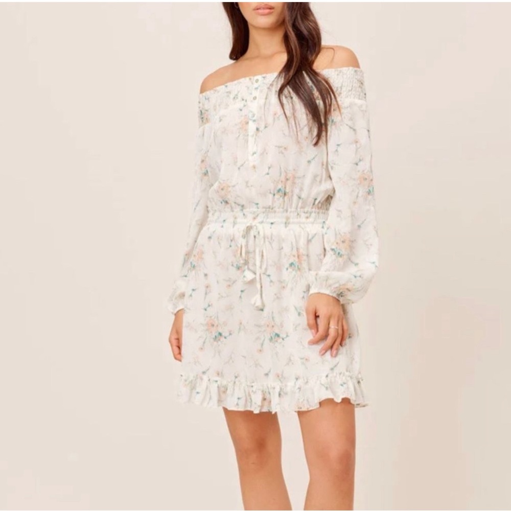 NWT Love stitch off the shoulder chiffon Smocked mini dress Ladies Ivory Sz M